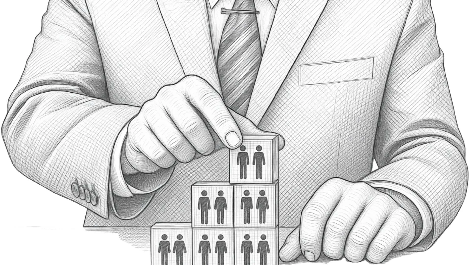 A person in a suit is stacking blocks with human icons on them, symbolizing building or organizing a team or workforce.