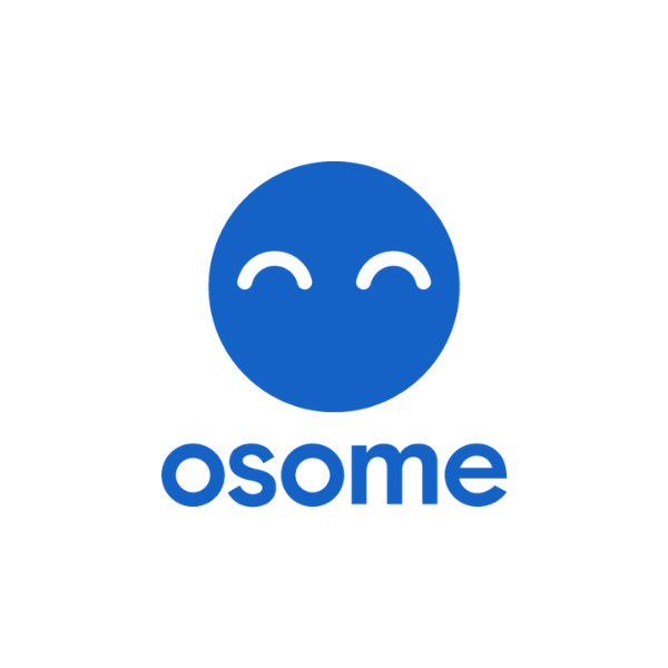 Blue circle with a smiling face, and the word 'osme' written below.