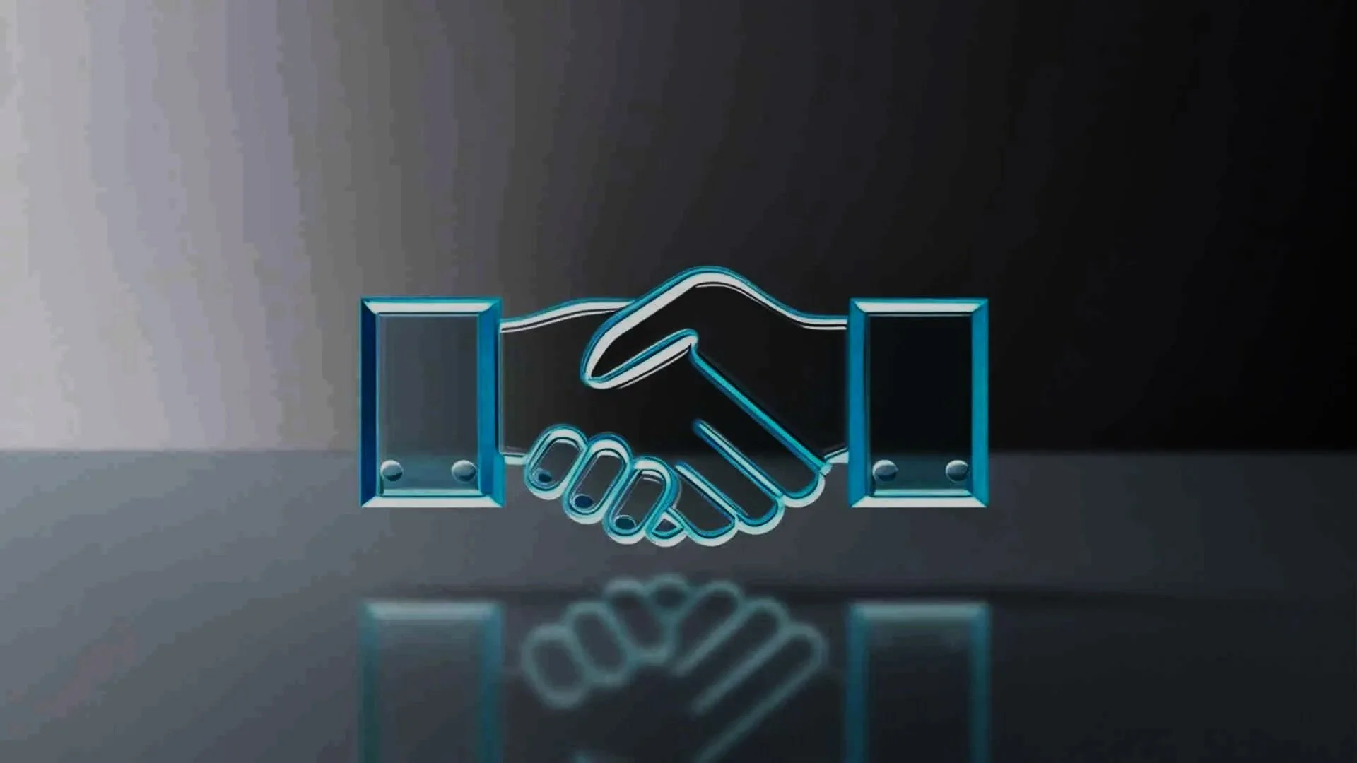 A neon art depiction of a handshake between two hands, framed by two rectangular borders, with a reflection on a glossy surface against a dark background.
