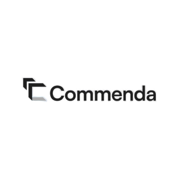 Commenda logo with black and gray geometric shapes and the word 'Commenda' in black text.