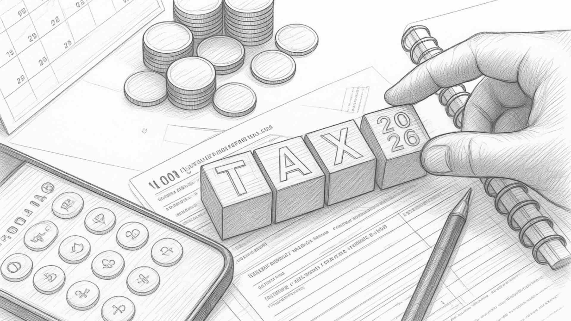 Sketch of financial documents, coins, a calculator, and wooden blocks spelling 'TAX' on a desk.
