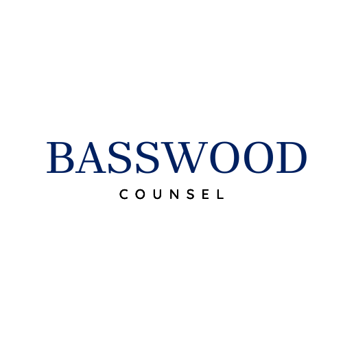 Logo with the word 'BASSWOOD' in large blue letters and 'COUNSEL' in smaller black letters underneath.