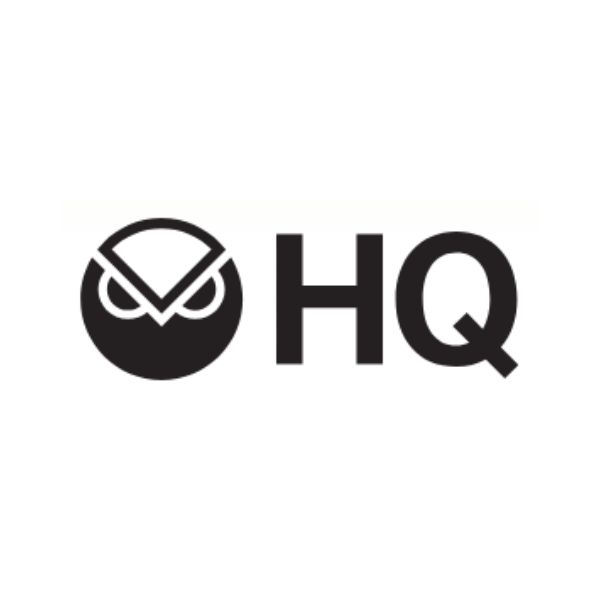Black logo featuring an owl face icon next to the bold letters 'HQ' on a white background.