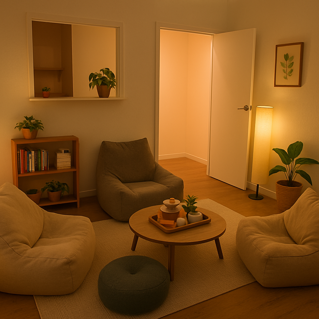 Living room with beige sofas, a round wooden coffee table with potted plants, a gray armchair, a tall floor lamp, a bookshelf with books and plants, and a framed botanical print on the wall.