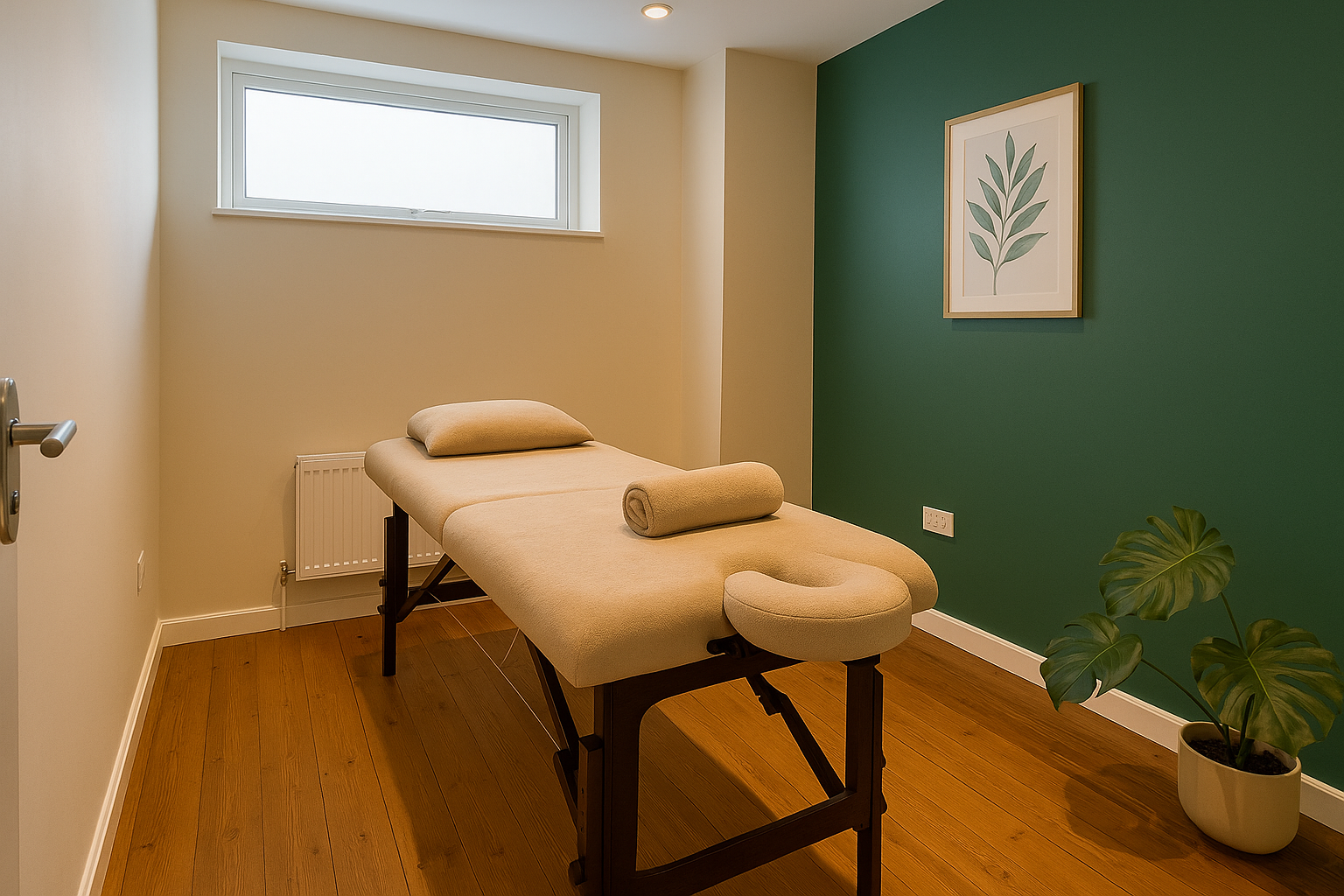 A massage therapy room with a massage table, a window, a green accent wall with framed artwork of a plant, a potted plant, and wooden flooring.