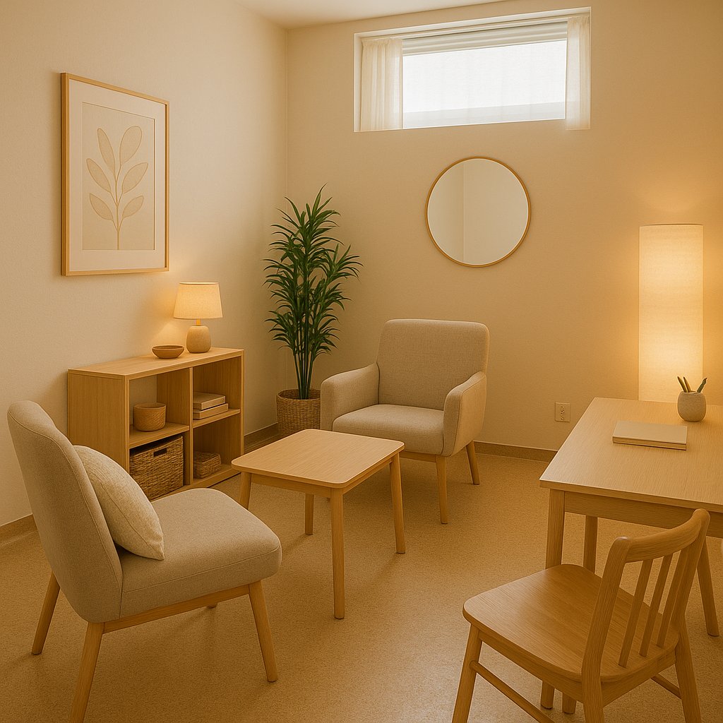 Minimalist beige and wood furnished living room with two armchairs, a small table, a sideboard with a lamp, a tall plant, and wall decor, illuminated by soft natural and warm lighting.