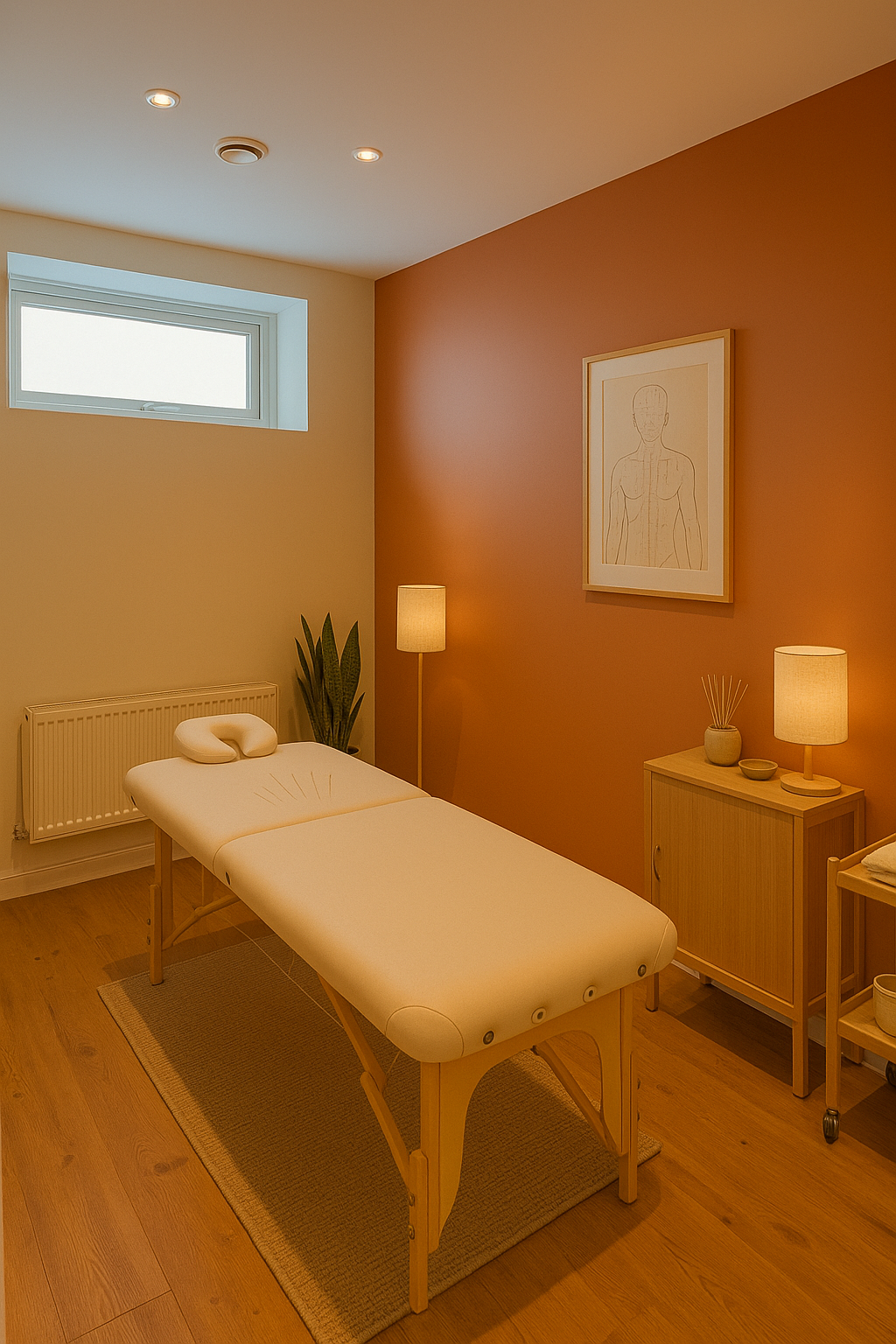 Massage therapy room with massage table, potted plant, framed anatomical drawing, and warm lighting.