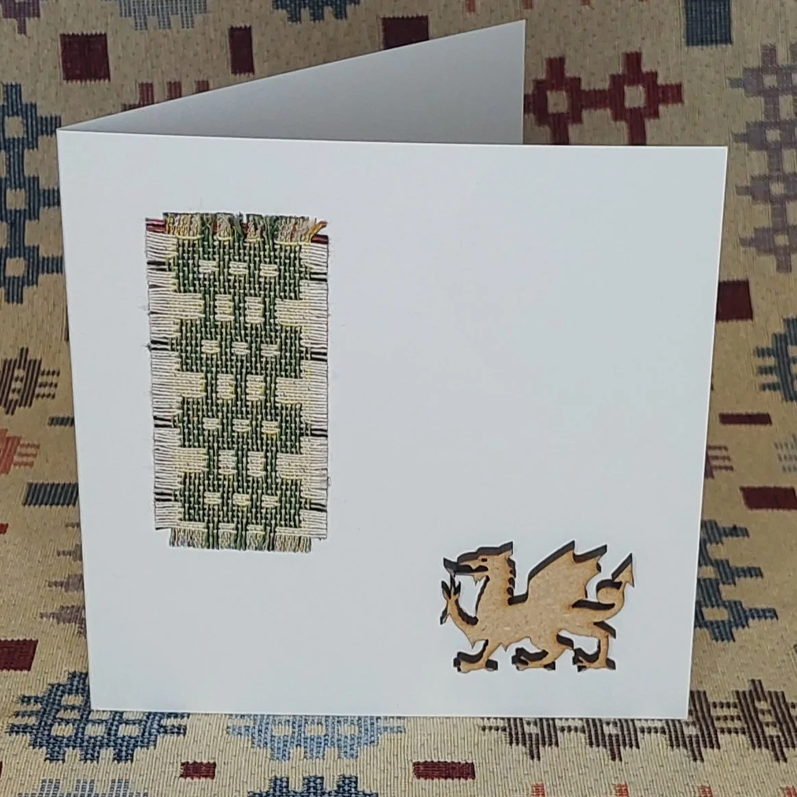 Welsh Card with Traditional fabric and a Welsh Dragon or Welsh Map