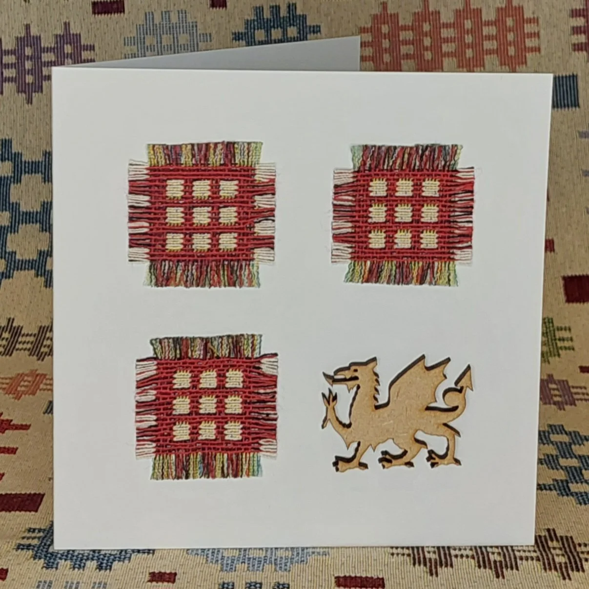 Welsh Card with Traditional Fabric and a Welsh Dragon