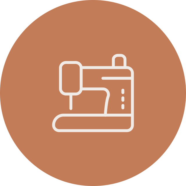 Line drawing of a sewing machine on a brown circular background