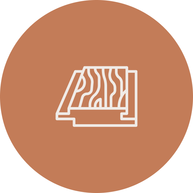 Icon of stacked wooden planks with visible wood grain pattern, in white on a brown circular background.