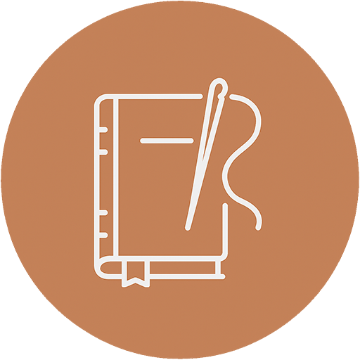 Icon of a closed book with a bookmark and a feather pen in front of a brown circular background.