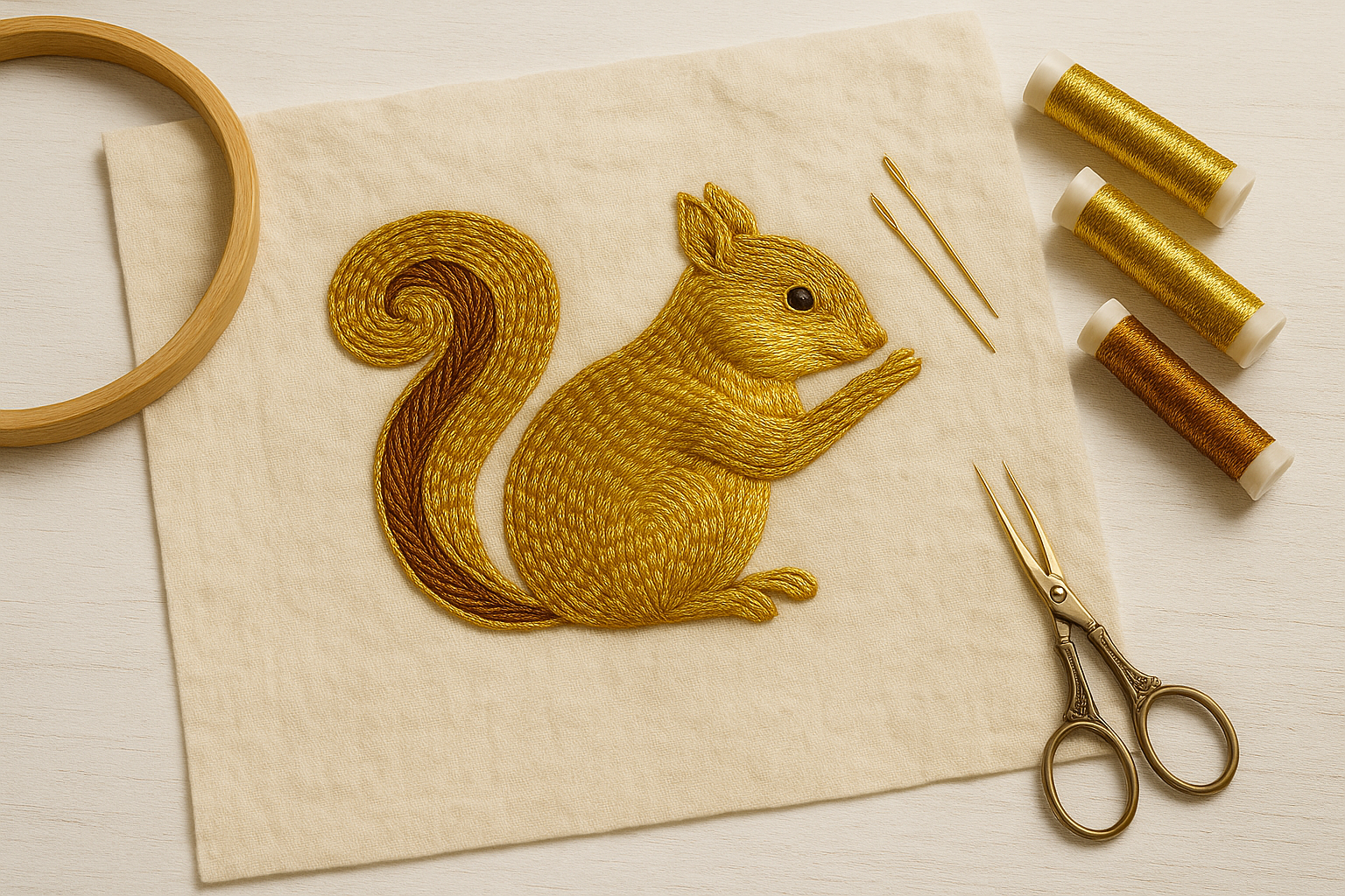 A person is embroidery with metallic threads