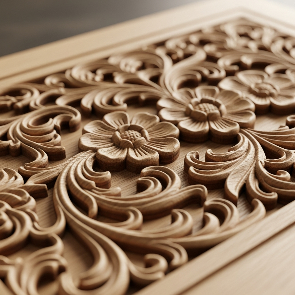 Person carving a decorative pattern into a wooden surface using a chisel.