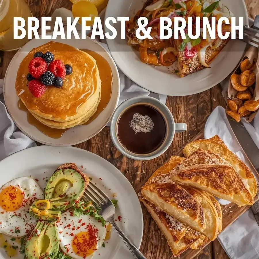 Breakfast & Brunch cover photo: Assortment of classic dishes including pancakes, avocado eggs, and coffee.