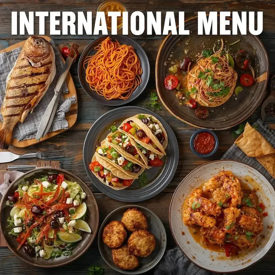 International Menu cover photo: Global dishes including grilled fish, tacos, spaghetti, and salad.