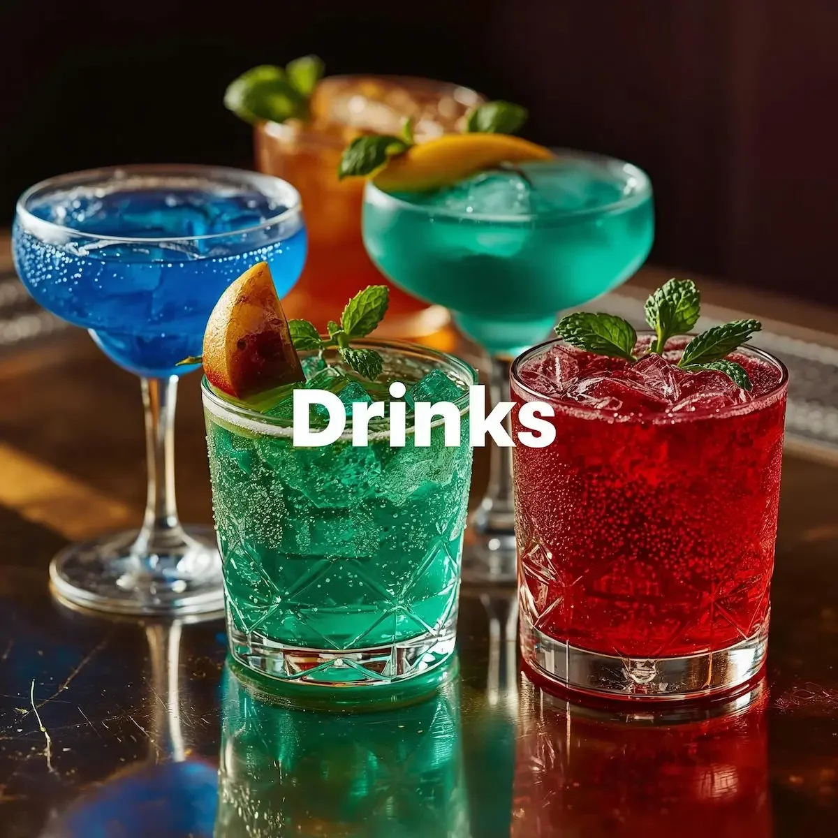 Drinks menu cover photo: Four colorful cocktails, including red, green, and blue drinks on a bar table.