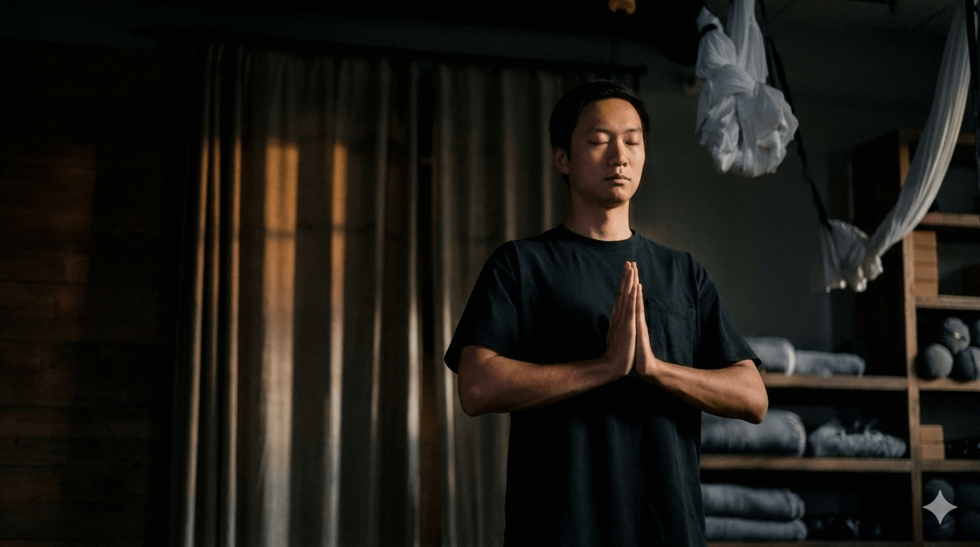 Viet Hung Du von KAME Physiotherapie Berlin in meditativer Haltung zur Förderung von innerer Ruhe und körperlicher Erdung.