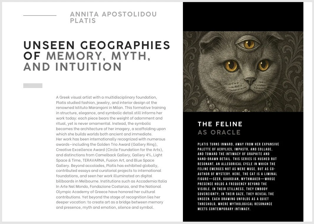 Published pages from the CATS! International Art Book
Barbagelata Contemporary Art Foundation, 2025
Featuring Annita Apostolidou Platis’ essay “Myth, Memory & the Feline Oracle.”