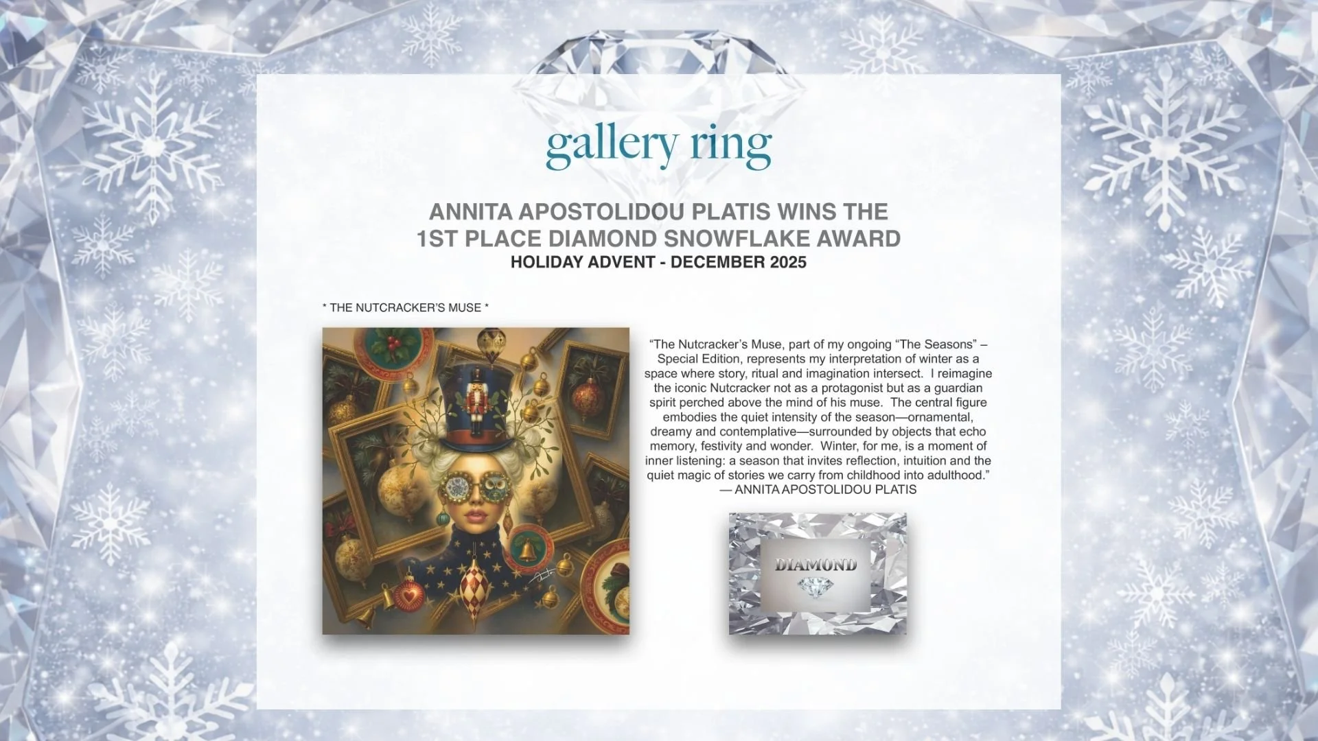 1st Place – Diamond Snowflake Award | Gallery Ring | Holiday Advent Show