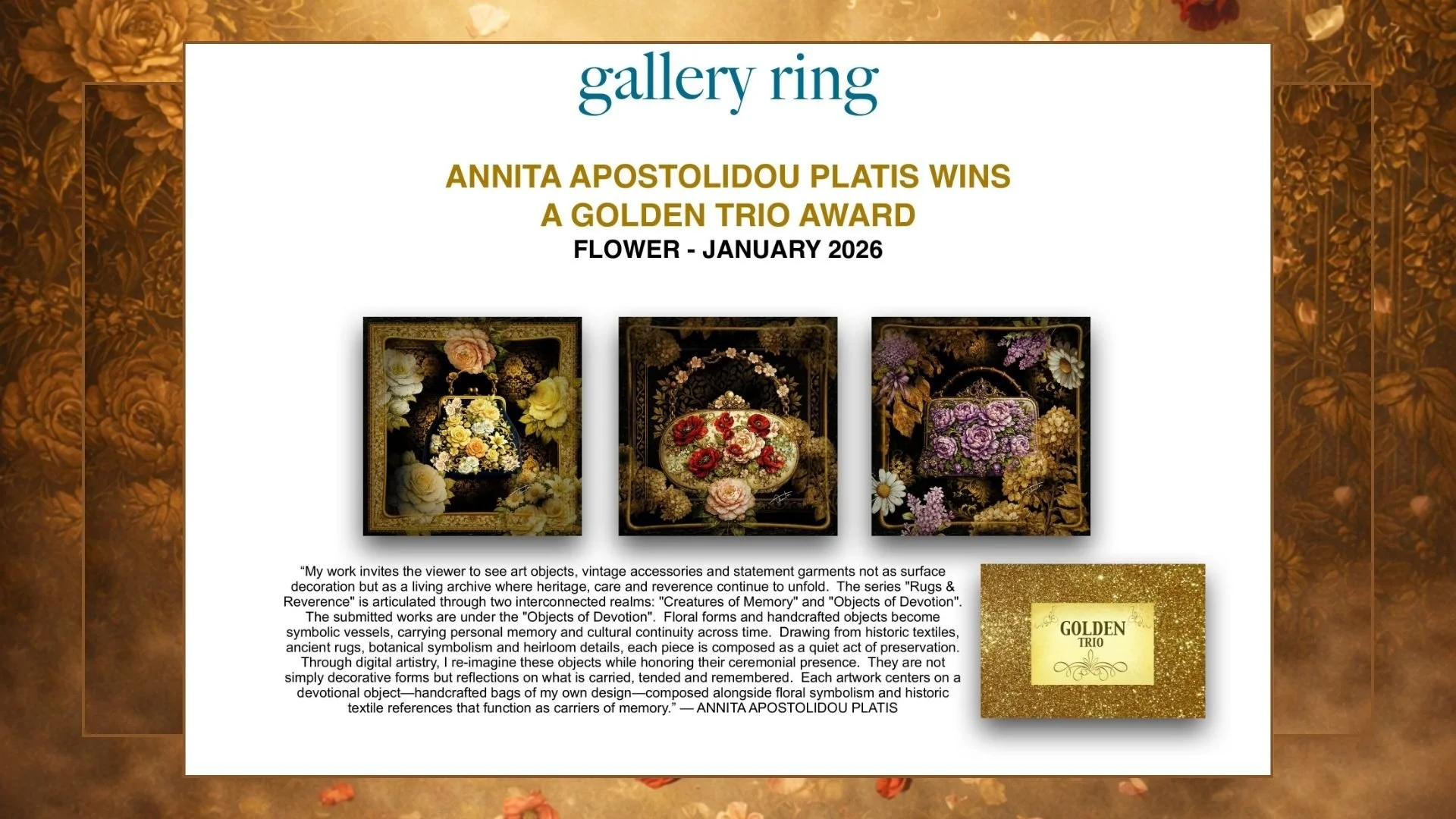 Golden Trio Award – FLOWER 2026 | Gallery Ring | Rugs &amp; Reverence series by Annita Apostolidou Platis