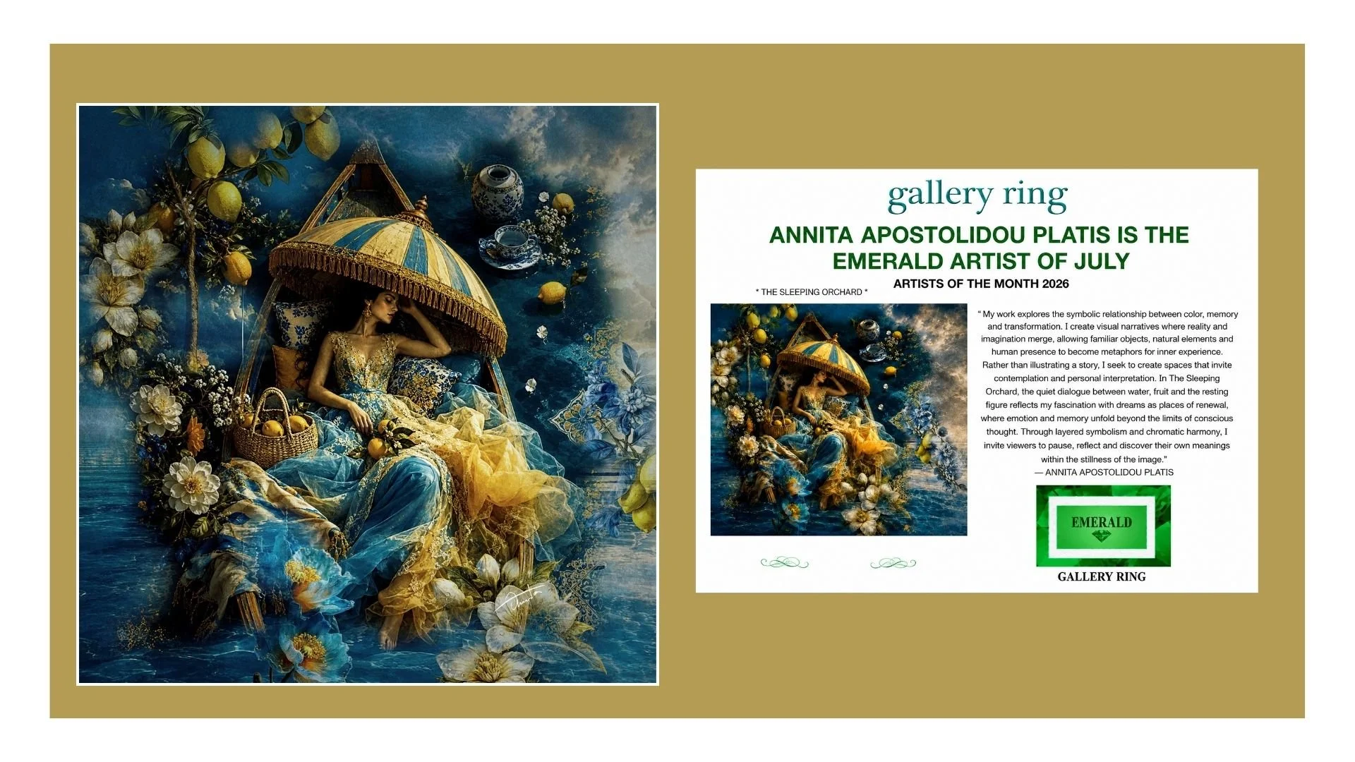 Annita Apostolidou Platis Named Emerald Artist of July 2026 by Gallery Ring