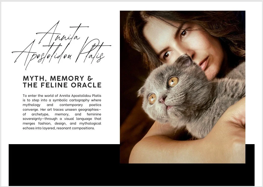 Portrait of the artist with her cat Dior, introducing the essay “Myth, Memory & the Feline Oracle.”
Published in the CATS! International Art Book, Barbagelata Contemporary Art Foundation, 2025.
