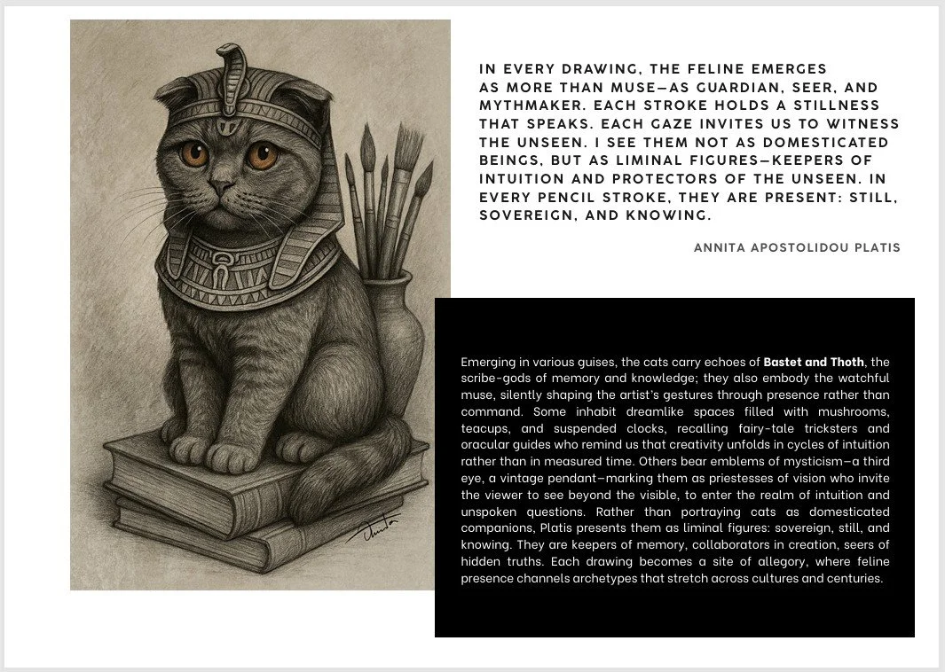 Published pages from the CATS! International Art Book
Barbagelata Contemporary Art Foundation, 2025
Featuring Annita Apostolidou Platis’ essay “Myth, Memory & the Feline Oracle.”