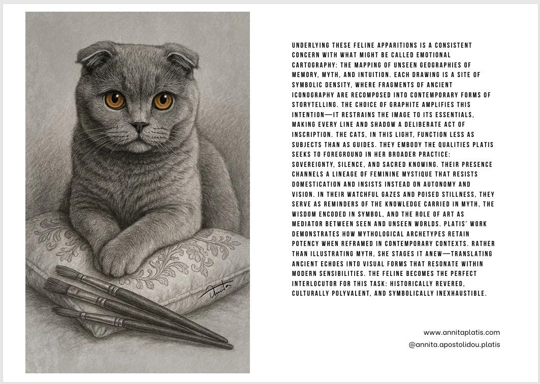 Published pages from the CATS! International Art Book
Barbagelata Contemporary Art Foundation, 2025
Featuring Annita Apostolidou Platis’ essay “Myth, Memory & the Feline Oracle.”
