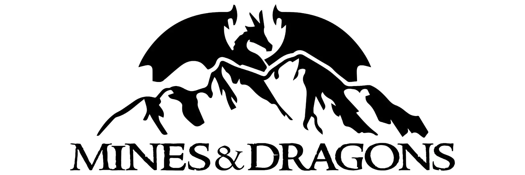 Schwarz-weiß-Logo mit Berg, Drache und Wolken, darunter der Schriftzug "MINES & DRAGONS".