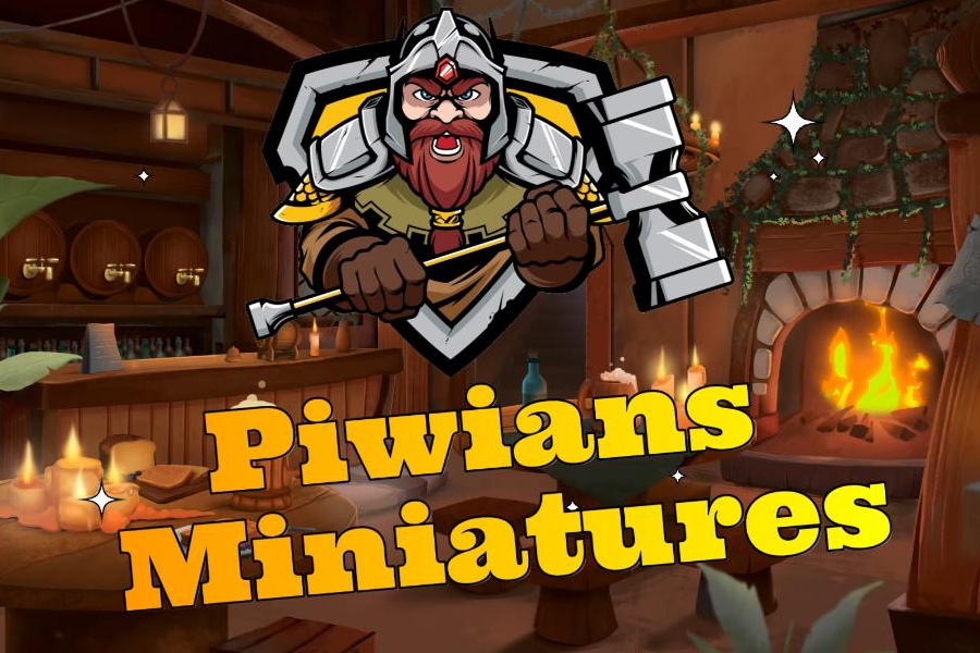 Ein wikingerähnlicher Charakter mit rotem Bart und Helm, im Fantasy-Kabinett. Darunter steht der Text 'Piwians Miniatures'.