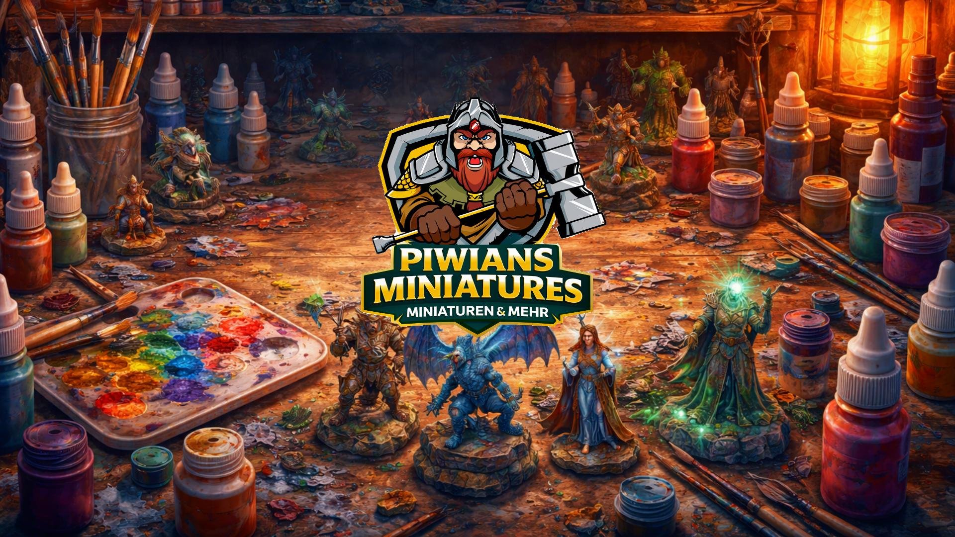 Künstlerischer Arbeitsplatz mit Miniatur-Figuren, Farbtuben, Pinsel und einer Lichtquelle im Hintergrund, Mittelpunkt Logo von Piwian's Miniatures.