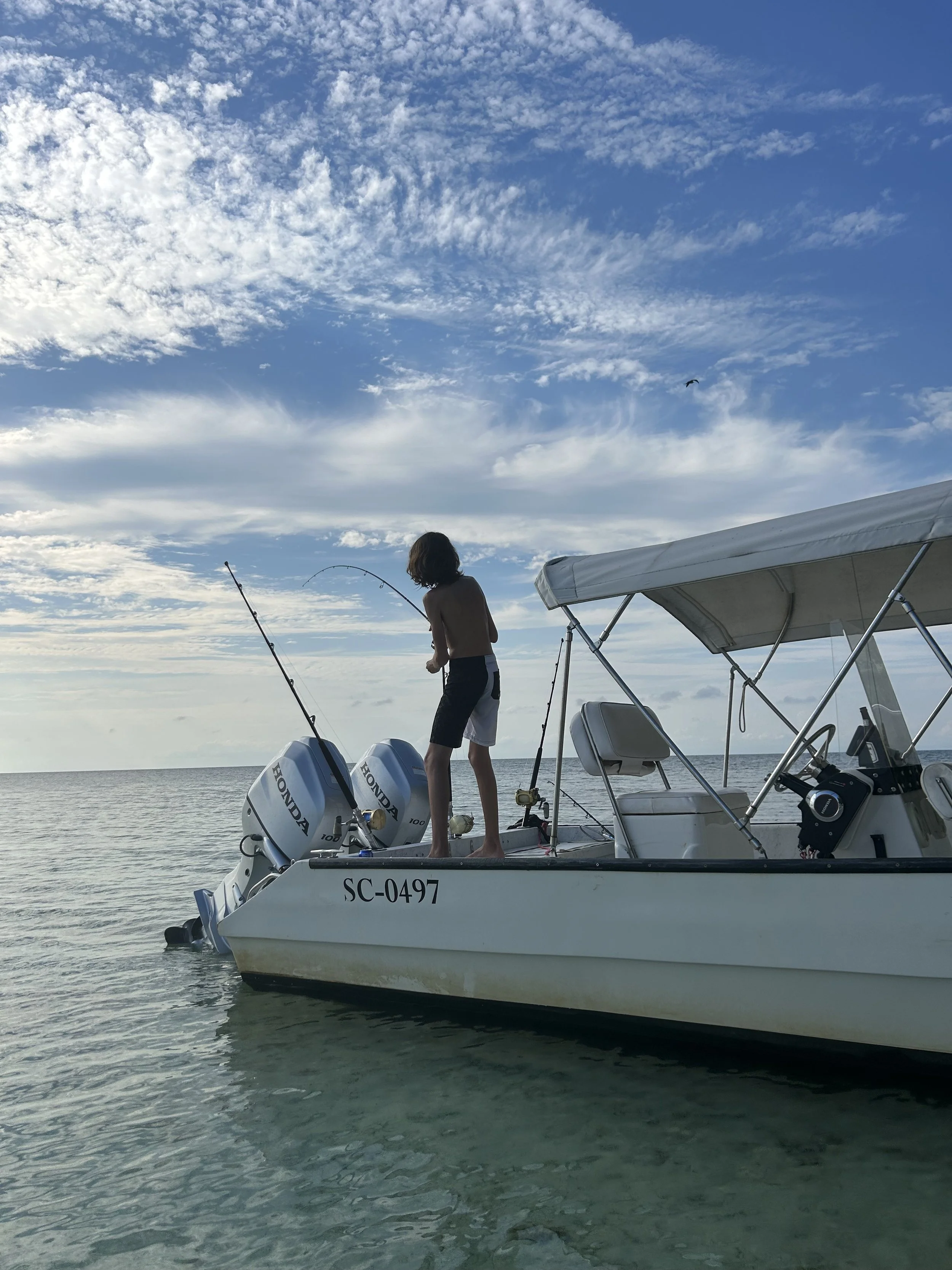 A young person standing on a boat holding a fishing rod, near the water, with a cloudy sky above.