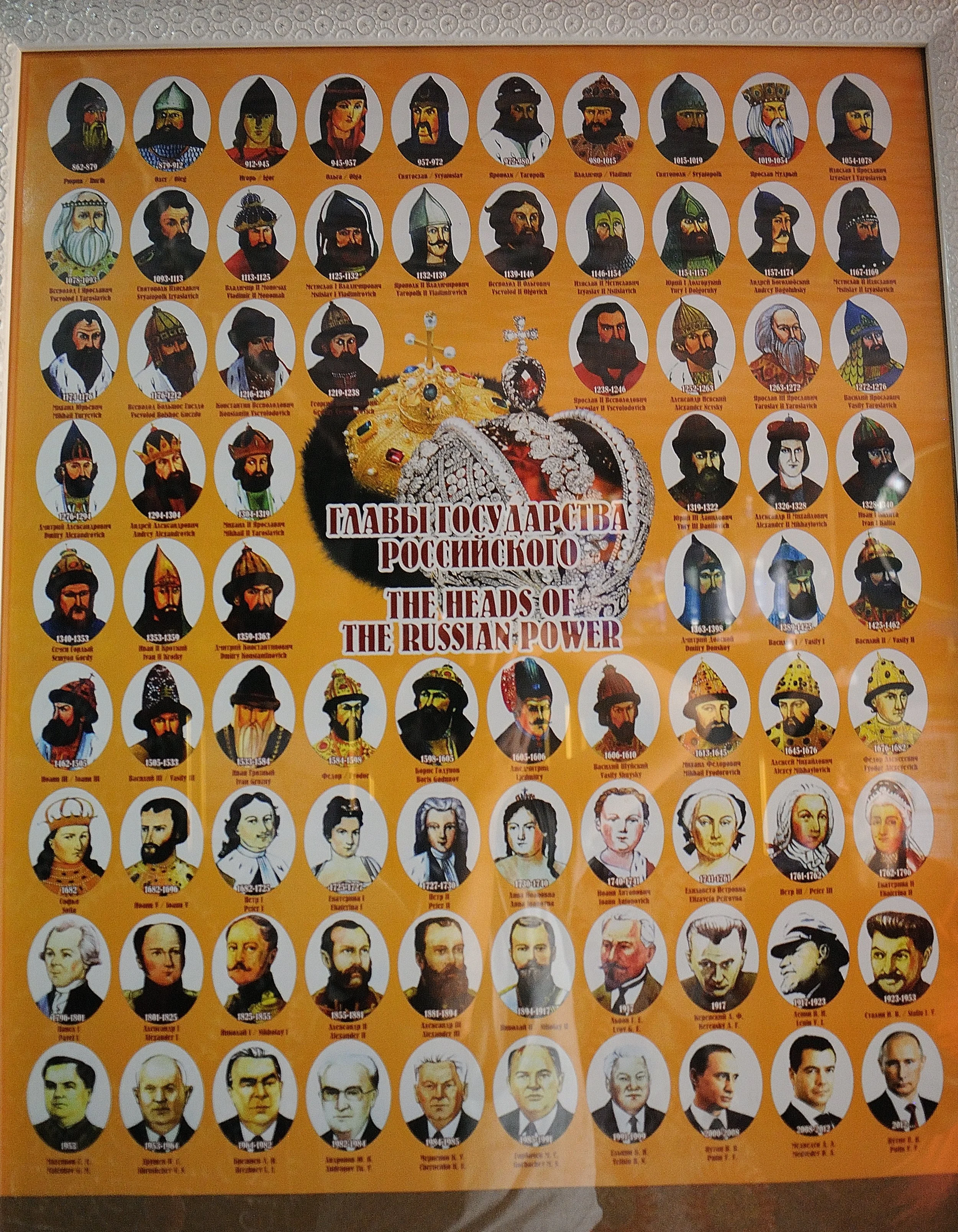 Nel cortile di un bagno a pagamento, poster con imperatori e presidenti russi da Ivan IV il Terribile a Vladimir Putin.