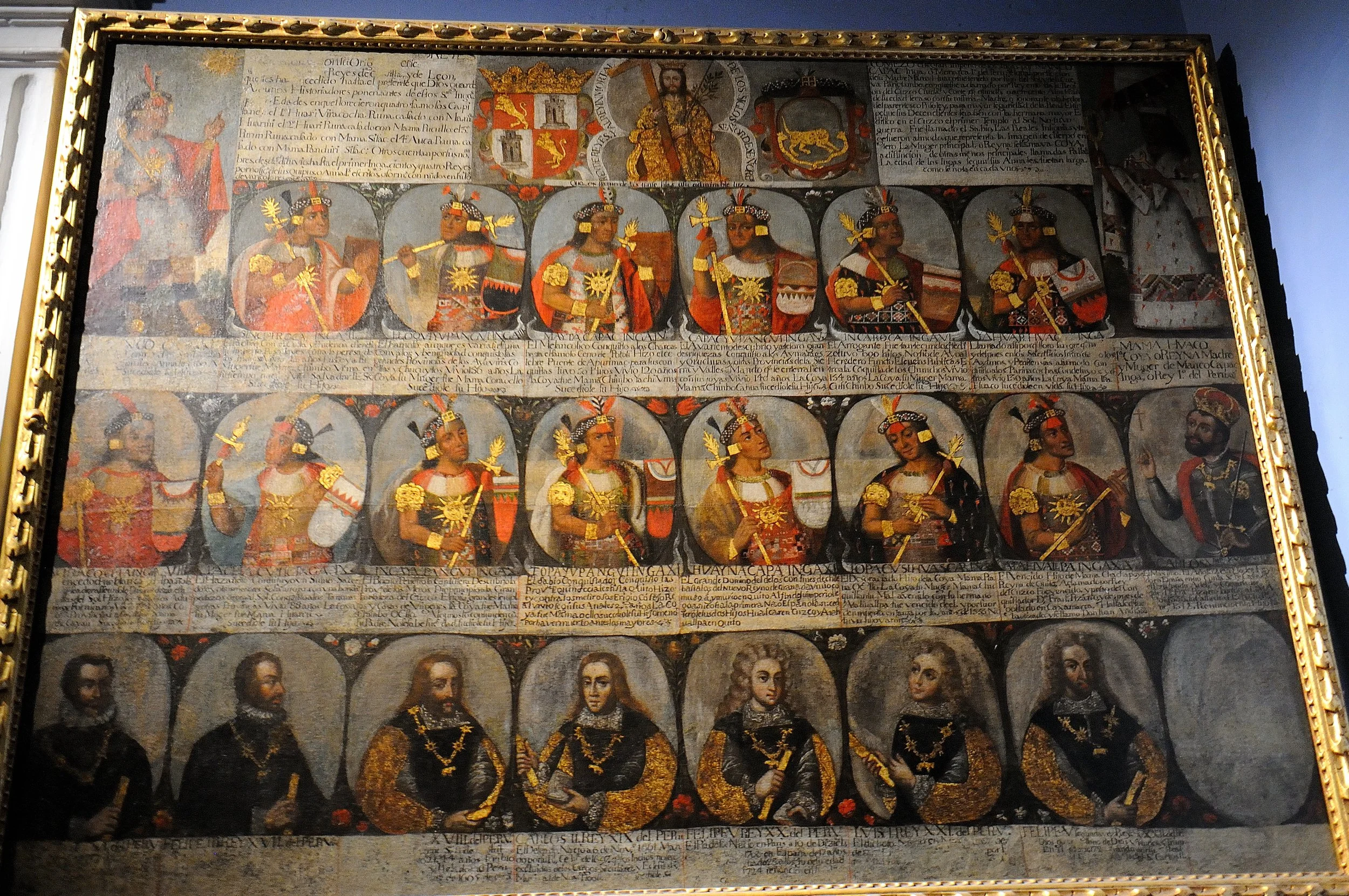 Quadro di propaganda di un pittore spagnolo del '600 nel quale si vuole sottolineare una presunta continuità di potere fra gli imperatori Inca e i Viceré spagnoli.