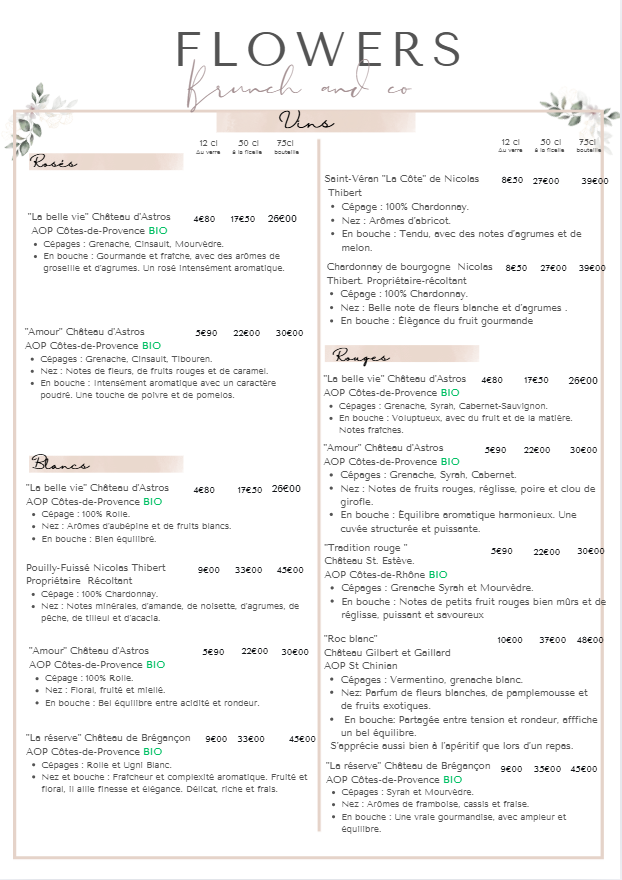 Menu de fleurs avec descriptions de différents types de roses et autres fleurs, incluant leurs caractéristiques et origine, présenté dans un style élégant.