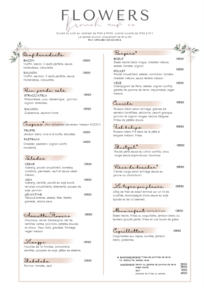 Menu de fleurs et brunch avec différents plats comme œufs bénédictine, salades, croques, ainsi que des options de burgers, fish & chips, navettes, pierres bouc, menus pour enfants et coquillettes.