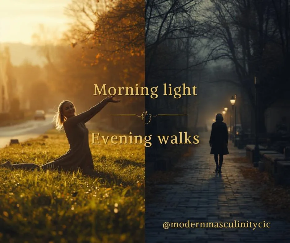 Morning light or evening walks.
Both are free. Both are powerful.

Morning light sets your rhythm &mdash; energy, mood, sleep later on.
Evening walks help you decompress &mdash; process the day, lower the noise, come back to yourself.

You don&rsquo;