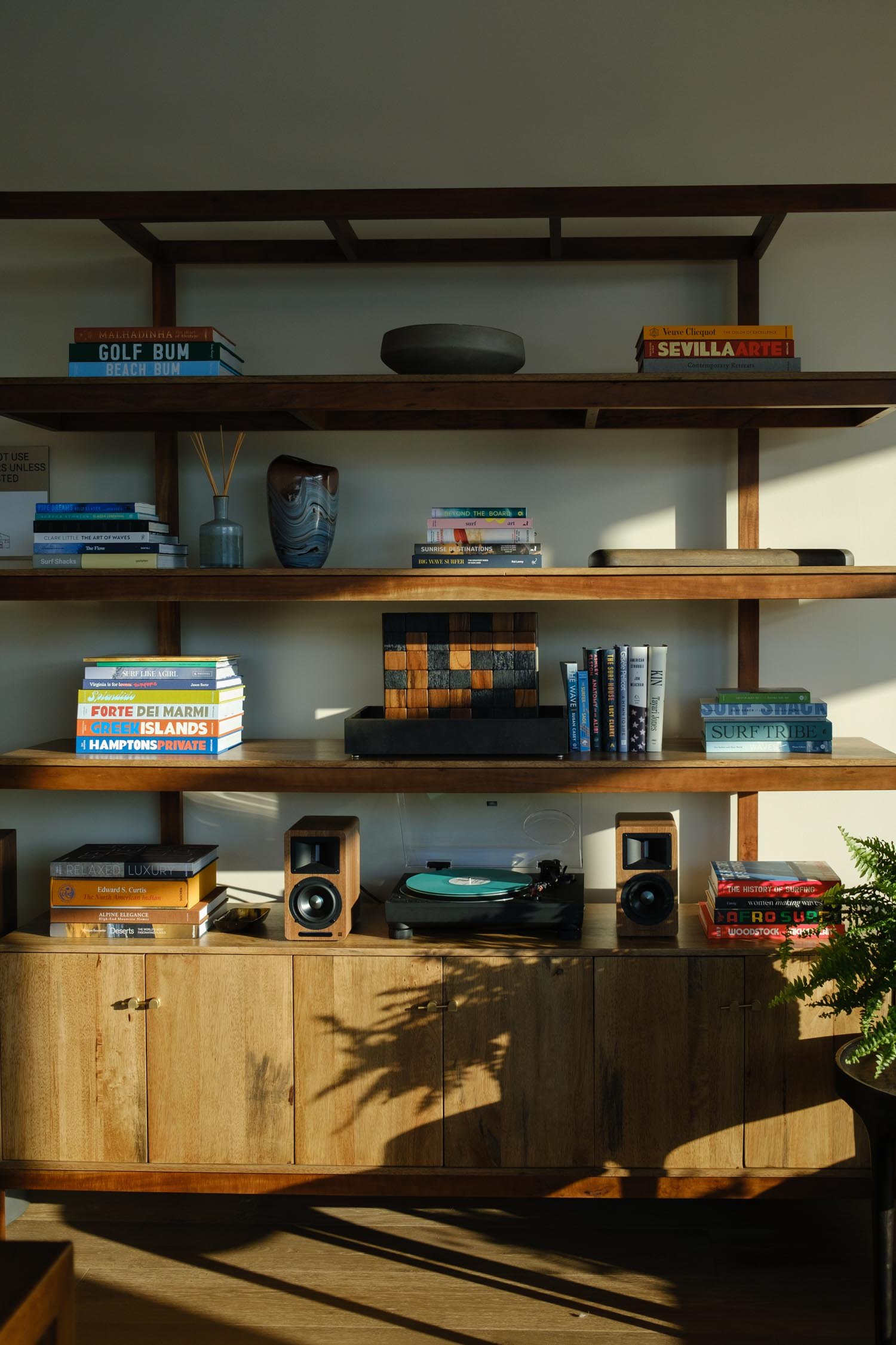 Custom wood shelving with vinyl records in the common area at The Sitio, Atlantic Park