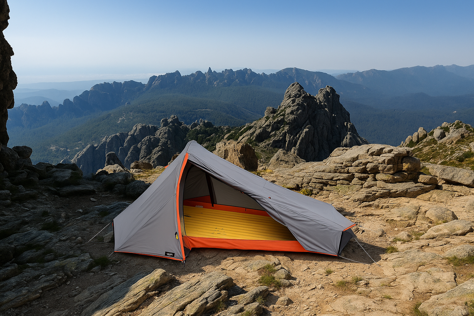 Tente de camping installée sur un terrain rocheux dans une région montagneuse avec des pics et des montagnes en arrière-plan.