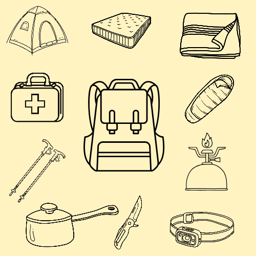 Equipment de camping et de randonnée : tente, matelas, couverture, trousse de premiers secours, sac à dos, lampe de poche, tapis de sol, kit de réparation, couteau, casserole, couteau de poche, bouteilles d'eau ou flasques.