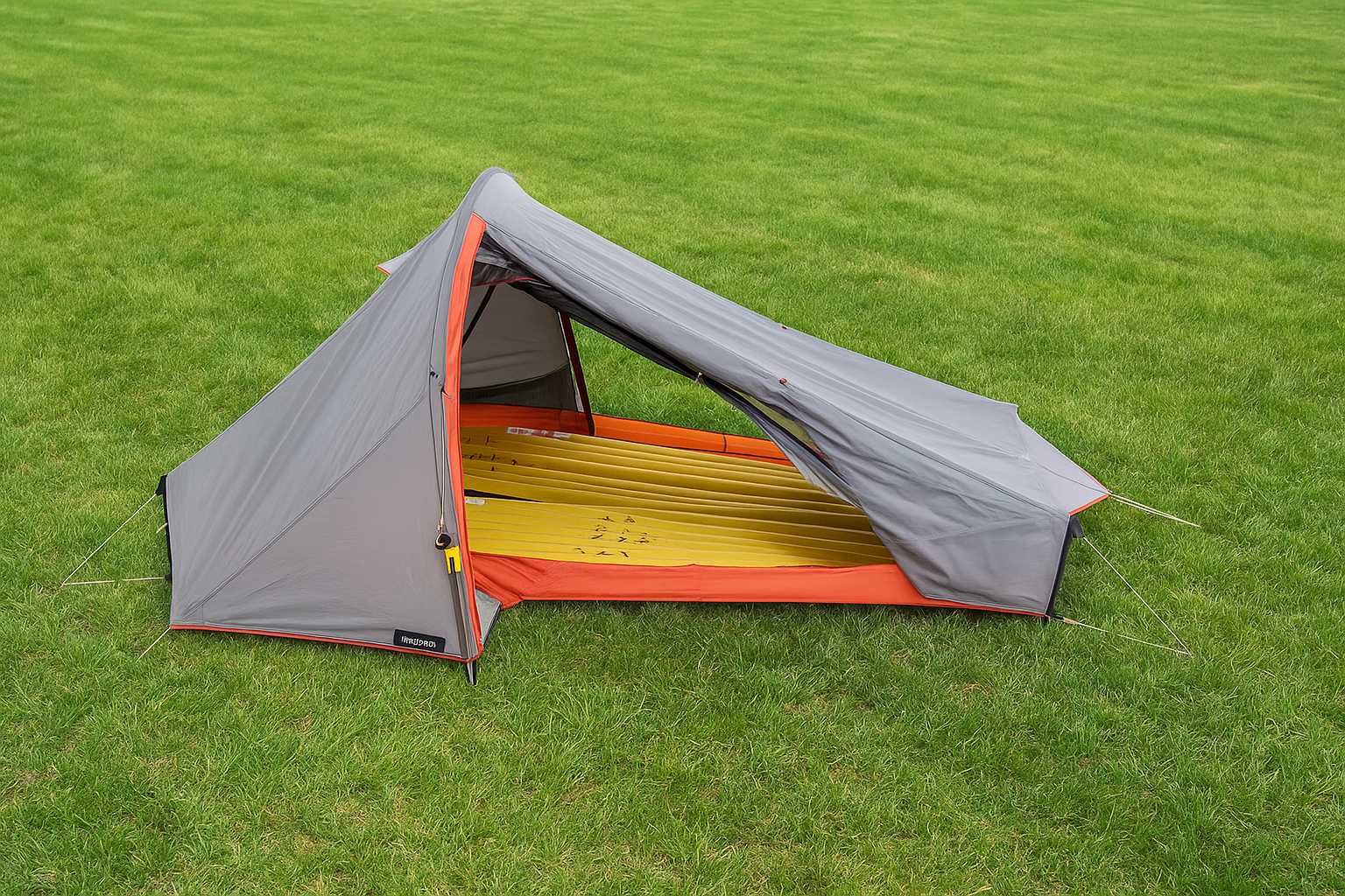 Tente de camping grise avec un matelas jaune à l'intérieur, placée sur une pelouse verte.