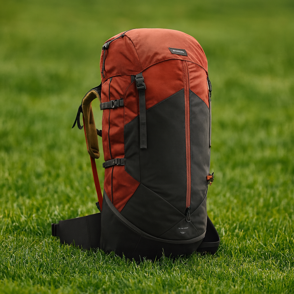 Un sac à dos rouge et noir posé sur de l'herbe verte.