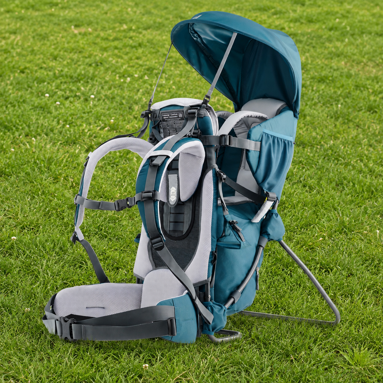 Un porte-bébé sur un sac à dos de randonnée placé sur de l'herbe