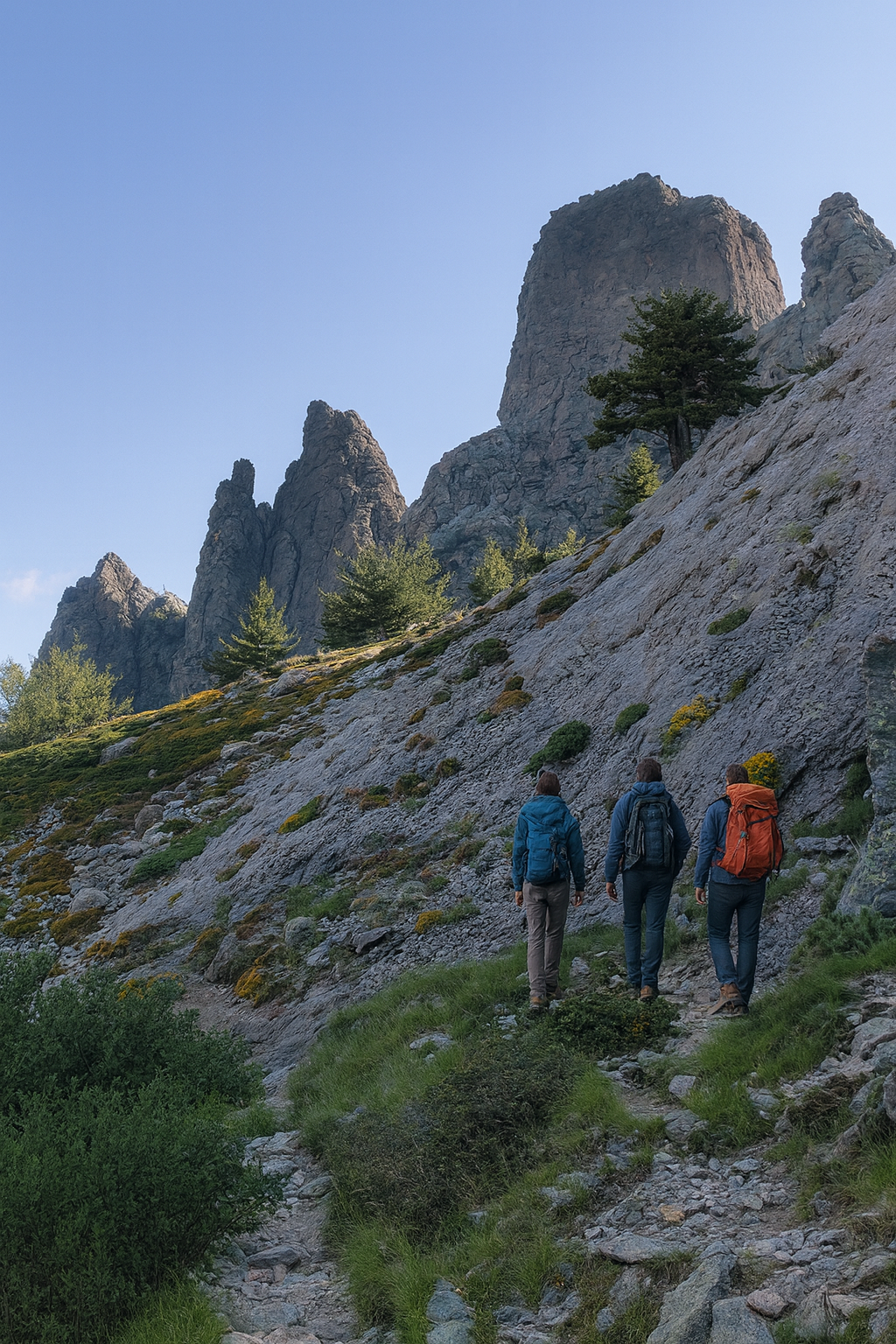 Trois randonneurs avec des sacs à dos marchant sur un sentier en montagne. Le paysage comprend des rochers, quelques arbres et des formations rocheuses en arrière-plan sous un ciel clair.