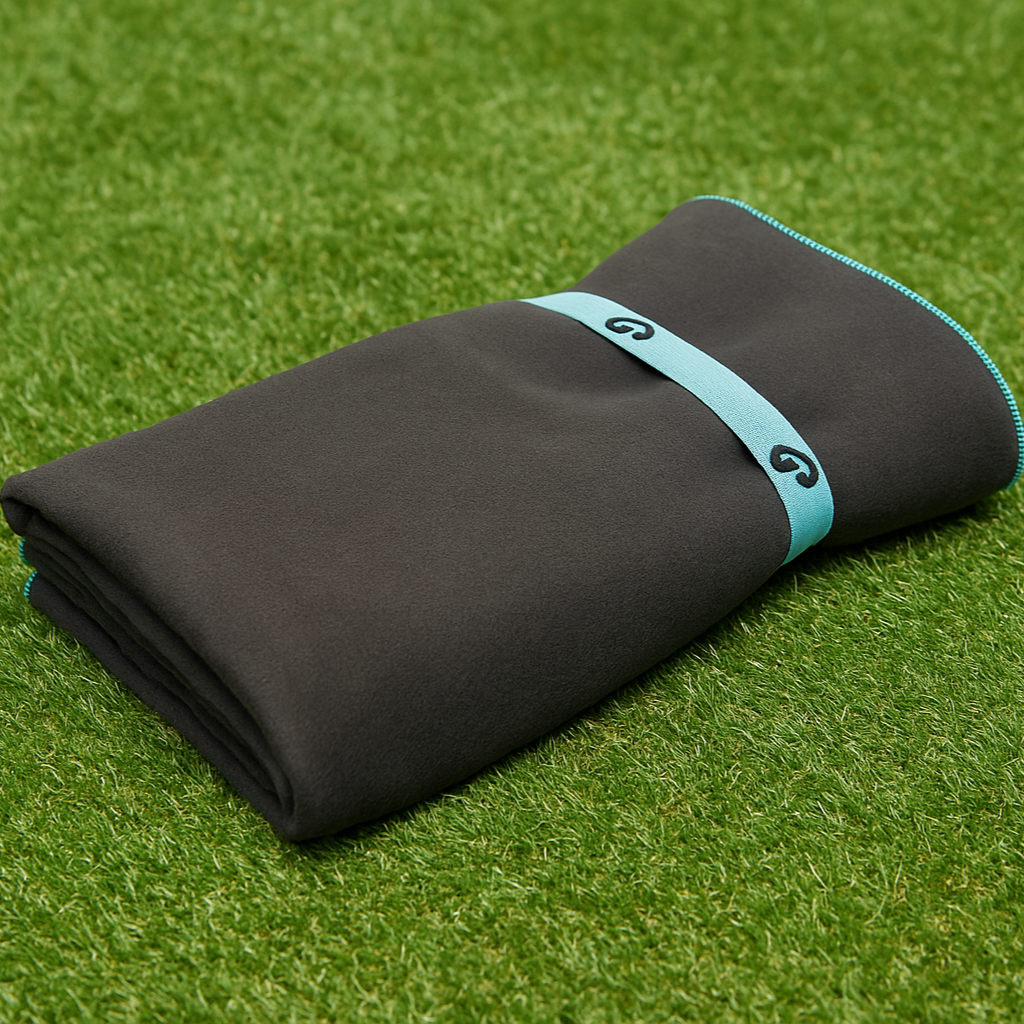 Un sac de sport noir avec une bandoulière bleue, posé sur de l'herbe verte.