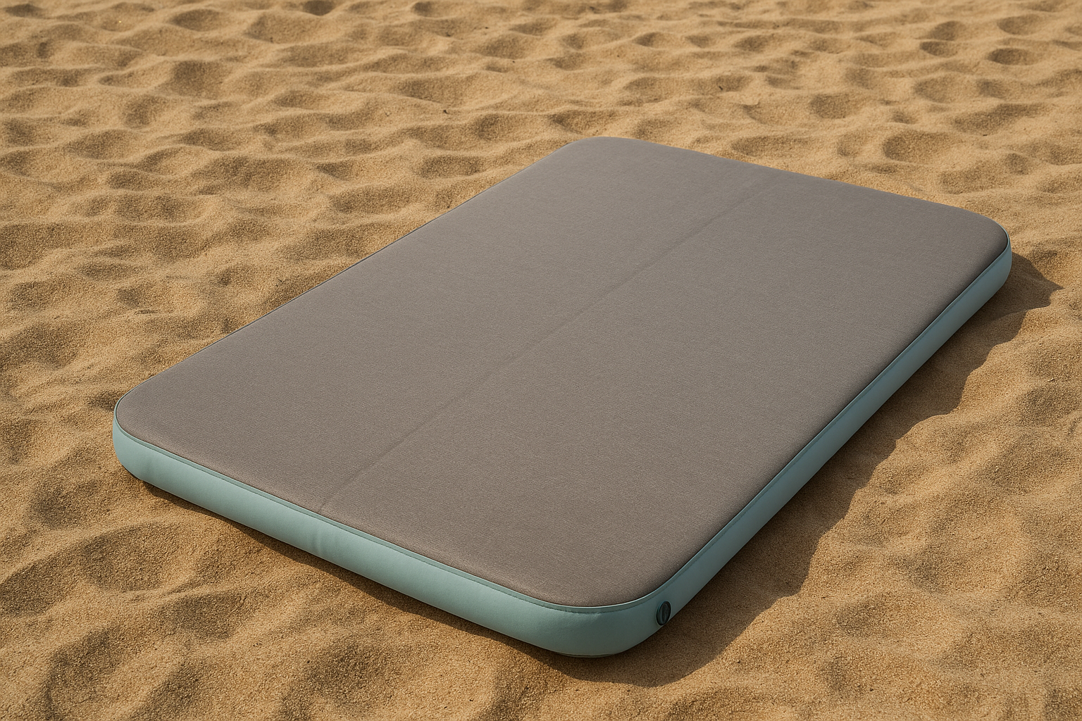Matelas gonflable beige sur sable de plage
