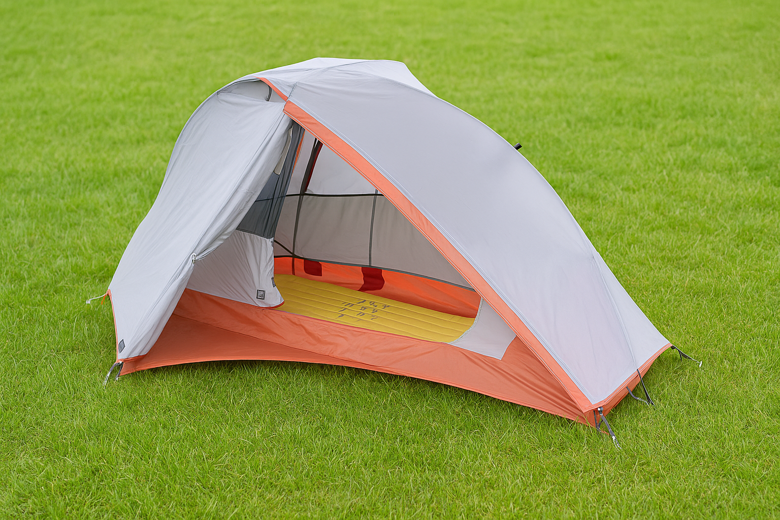 Tente de camping sur herbe verte, avec intérieur visible et matelas jaune.