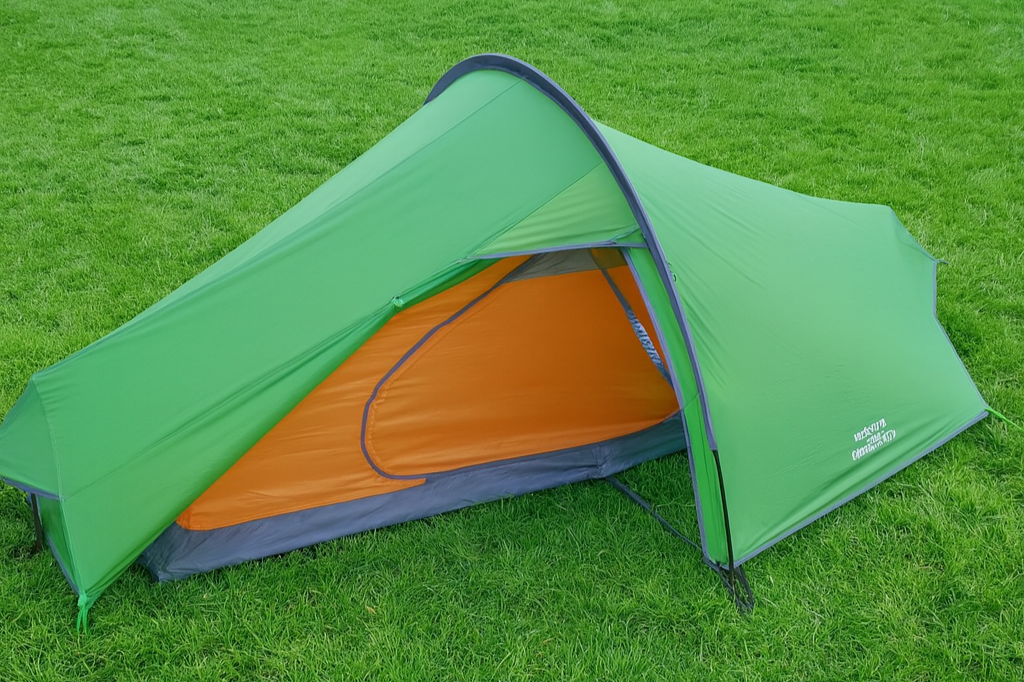 Tente de camping verte avec une entrée orange, installée sur de l'herbe.