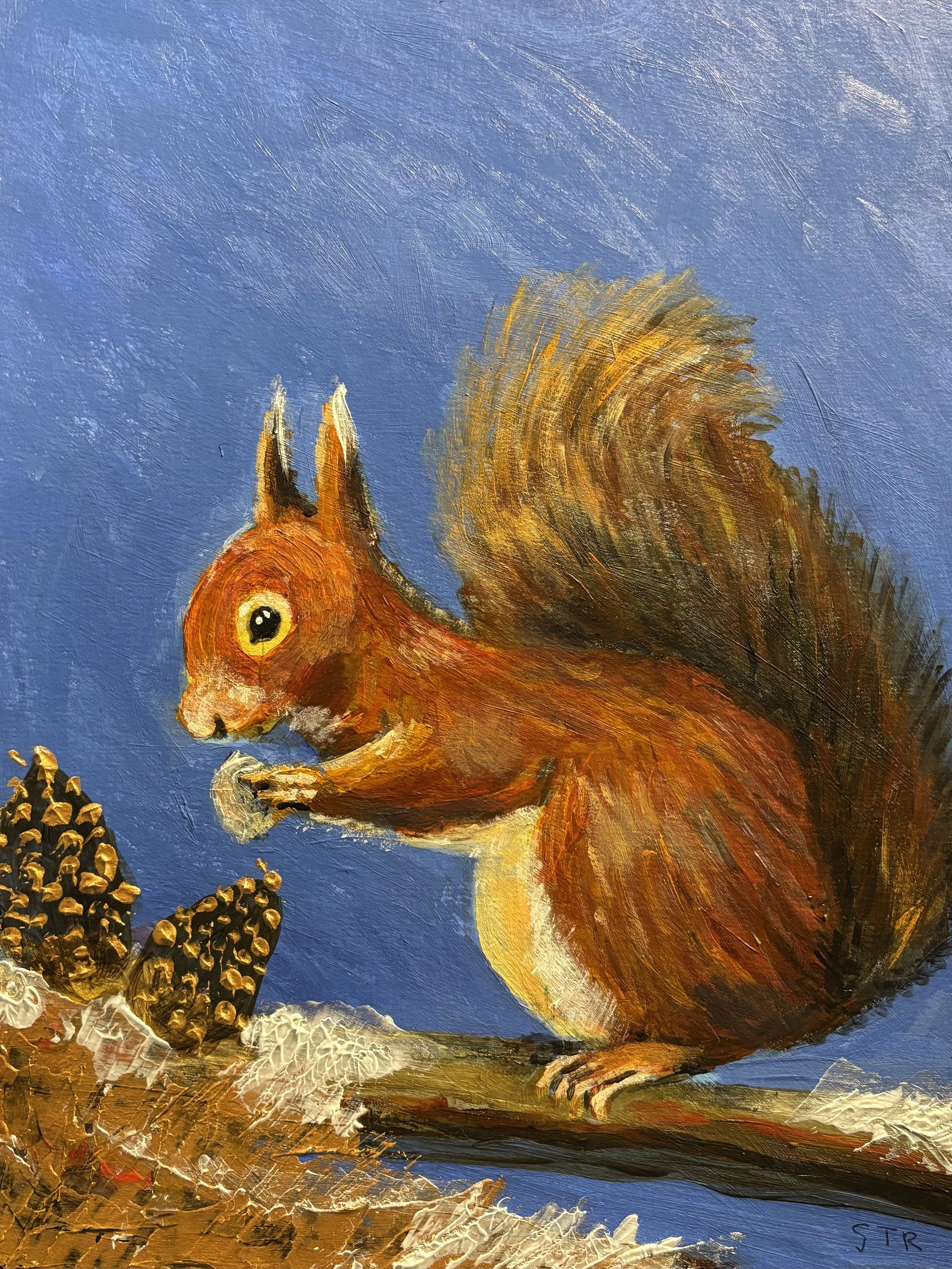A squirrel painting with a large, bushy tail holding and eating a nut, standing on a branch with pinecones against a blue background.
